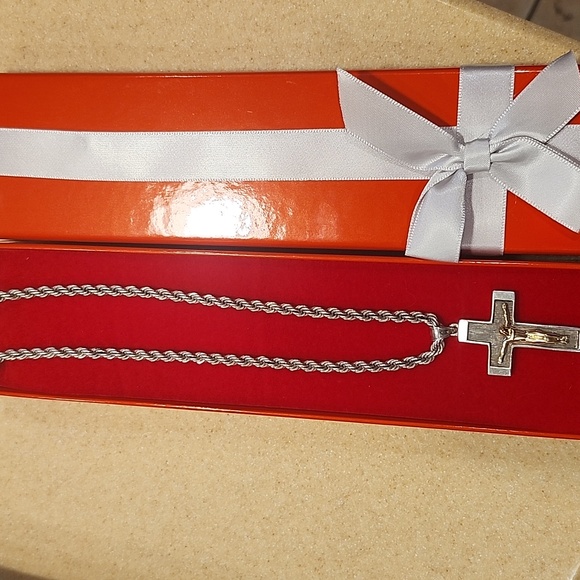 Sterling Silver/14K Gold Crucifix Cross & Sterling Silver Rope Chain 35 Grams - Picture 11 of 13